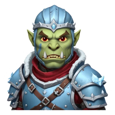 
Fantasy Christmas orc legion soldier icon, iron tundra army theme, heavy winter armor, disciplined brutal look, icy blue steel armor with deep crimson accents, frozen metal texture, cold winter atmosphere, male variant sticker