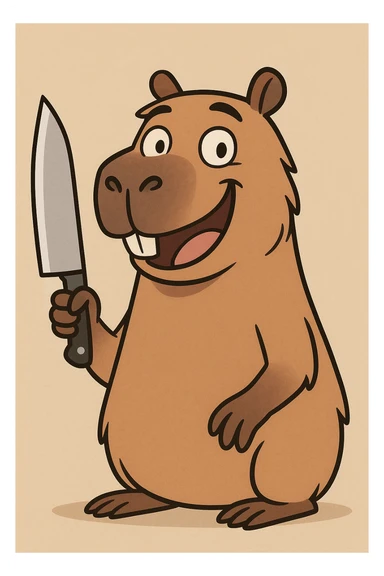 smiling cartoon capybara with a chef's knife, simple background sticker