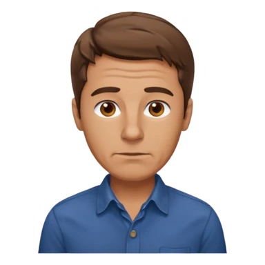 create an emoji of a man with wrinkles, oval face. he has an American look, messy brown hair, brown eyes, slightly tanned skin, natural lips. he wears a short sleeve dark blue buttoned shirt sticker