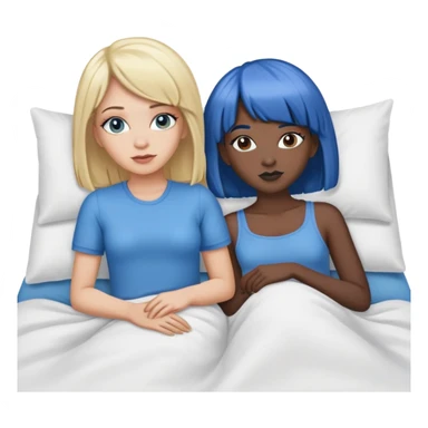 a white girl with blonde hair and a black girl with a blue wig laying in bed sticker