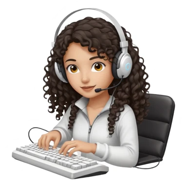Spanish girl with long dark curly hair, wearing a white gaming headset and playing on keyboard with a gaming mouse in one hand sticker