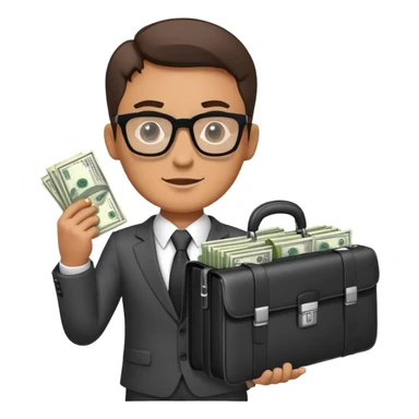 Male businessman wearing a suit and glasses holding open a briefcase showing stacks of dollar bills inside sticker