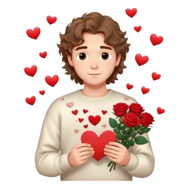 Pretty romantic boyfriend with soft eyes and wavy hair, holding roses and love letters, heart sparkles around him, wearing cozy sweater, dreamy  sticker