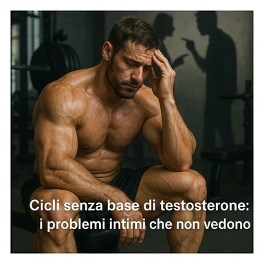  bodybuilder che fa cicli senza base di testosterone, con problemi intimi legati alla coppia, iper realistica, in italiano se usi testo sticker