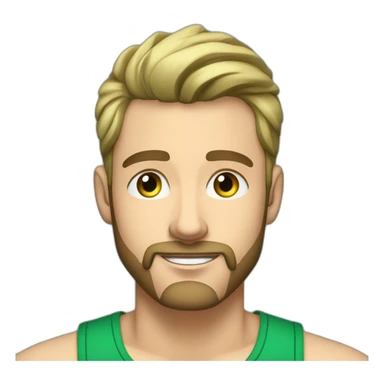 Handsome 34 year old man with dirty blonde hair and kind ocean blue eyes and a short cropped beard wearing a green tank top shirt with broad shoulders listening to music on earbuds sticker
