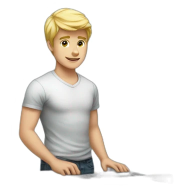 young blonde man on standing desk sticker