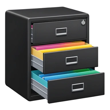 black filing cabinet with open bottom drawer with colorful folders sticker
