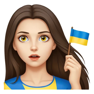 Brunette woman with long hair, Ukrainian flag (blue and yellow) painted on her cheek, surprised expression sticker