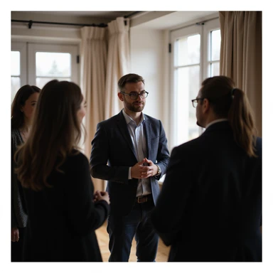 a person standing talking to a group sticker