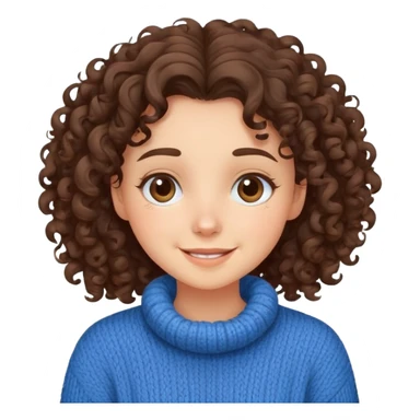Curly brunette girl wearing cozy blue sweater, happy expression   sticker