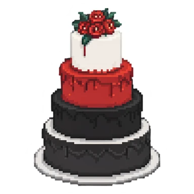 Red wedding cake with white frosting details and small roses sticker