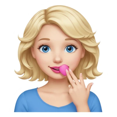 Girl Blonde short wavy hair,  blue eyes, cute blue top, long lashes, pink lips, smiling, hand over the mouth sticker