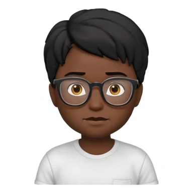 3D cartoon emoji portrait of a young character with black skin, messy black hair, big expressive brown eyes, wearing glasses and a white t-shirt, realistic shading, Pixar-style lighting, smooth texture, cute and slightly funny expression, high-quality render, white background, Apple Memoji style sticker