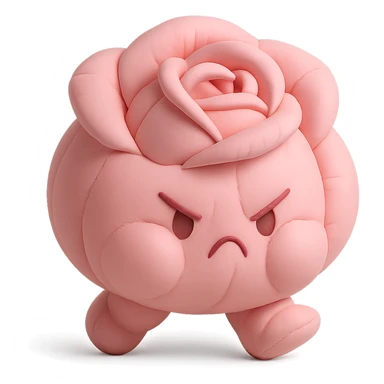 soft pink rose flower with puffed cheeks and an angry pouty face, stomping adorably, pastel tones, chibi round shape, cushion style sticker