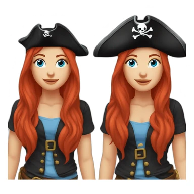Woman long red hair on one side in a platt.pirate hat. One side of head has no hair. Blue eyes. skull and crossbones t shirt sticker