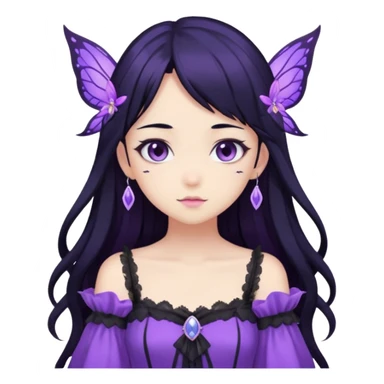 Gothic anime fairy with long beautiful black hair and purple dress, pastelcore, sticker