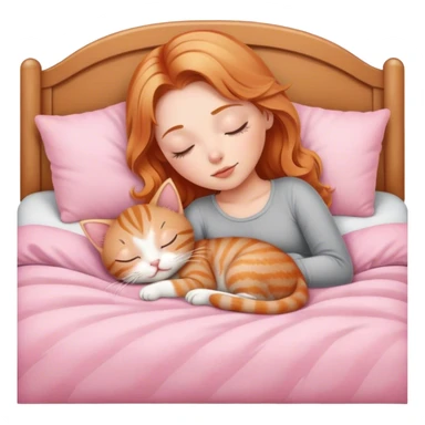 strawberry blonde girl asleep with gray tabby kitten in pink bed sticker