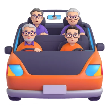 orange car front view with three people inside: driver man with purple shirt, stubble, round face; front seat man with gray hair, glasses, checkered shirt, round face; back seat man with black hair, glasses, black t-shirt, sharp face sticker