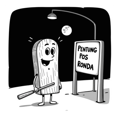 a humanoid wooden club with big cartoon eyes and a wide smile, barefoot, standing at a dark street bus stop under a dim streetlight, holding a bat, with a background sign reading 'Pentung Pos Ronda' sticker