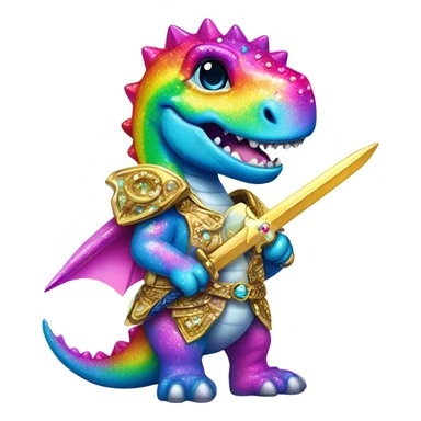 Lisa frank glitter rainbow cute dinosaur with sword and jewels sticker