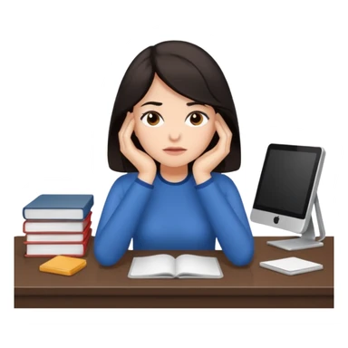  iOS emoji style - An overwhelmed woman sitting at a desk. She has dark hair. sticker