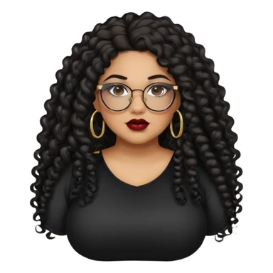teen big plus size, latina, darker tan skin, gold hoops, long black curly hair, baddie,pretty, makeup, dark red lipgloss, black eyeliner, long hair, black shirt, black glasses sticker
