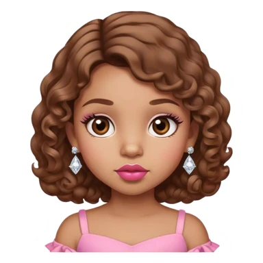 light brown skin tone, very adorable toddler, with big plump lips, long long lashes, brown curly bob, brown eyes, pink dress, diamond stud earrings sticker