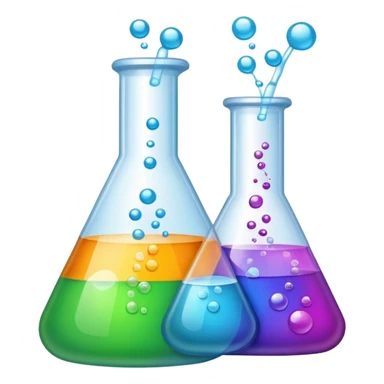 An icon featuring laboratory flasks with tubes, symbolizing chemistry. The design includes liquid and powder substances, a chemical reaction with bubbles, and molecular formulas, representing chemical processes like hydrolysis. Transparent background sticker