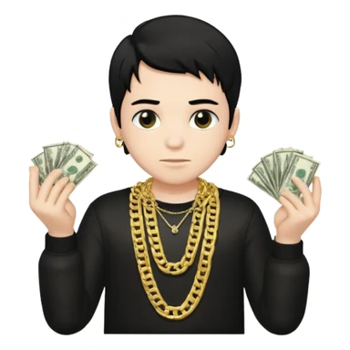 Has un chico con mucha plata en sus manos y en su alrededor, Con una cadena que diga "JovenBallin" y que tenga pelo negro y sea piel blanca sticker