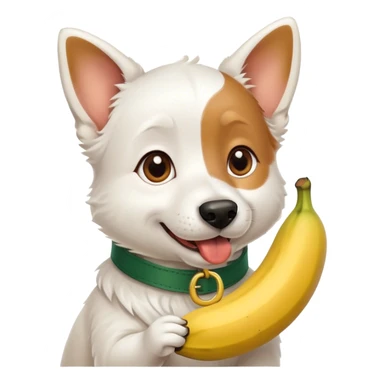 A cute all white silly dog with dark green collar brown eyes holding a banana in it’s mouth sticker