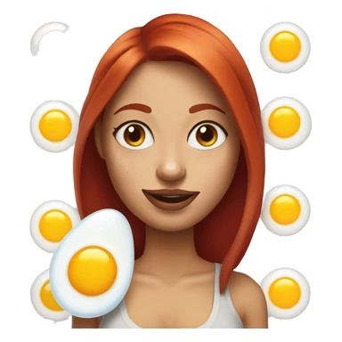 Woman with red hair, nose piercing, blue eyes and arm tattoos holding fried eggs sticker