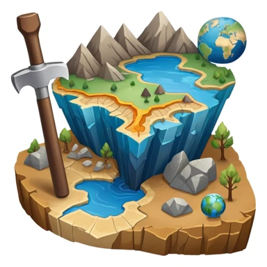 An icon featuring a pickaxe and a geological map, and layers of Earth’s crust, symbolizing geology. The design includes mineral samples, fossils, and tectonic plates, representing the study of Earth’s structure and natural processes. Transparent background highlights geological exploration sticker