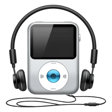 Futuristic iPod emoji with earphones, metallic black and white, smooth reflective surfaces, flat minimal vector design, clean UI style sticker