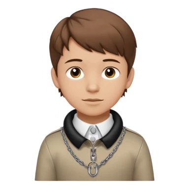 brown-haired boy, young, satisfied look, collar and leash around his neck, minimal bdsm clothing, sticker