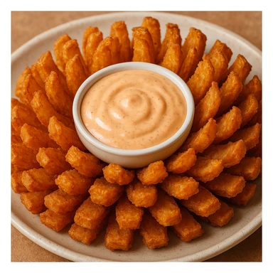a close-up of a blooming onion appetizer, golden fried petals fanned out on a plate, with a small bowl of creamy dipping sauce in the center, vibrant and mouthwatering sticker