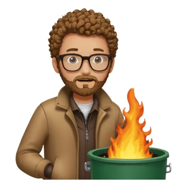 curly skinny guy with bear and glasses, heating in front of a trash bin on fire  sticker