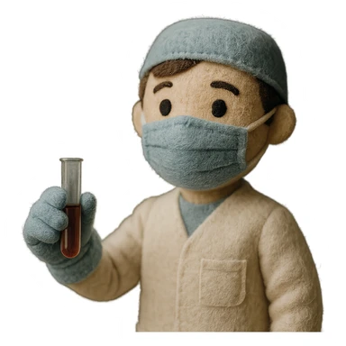 A modern surgeon with a face mask and surgical gloves holding a test tube sticker