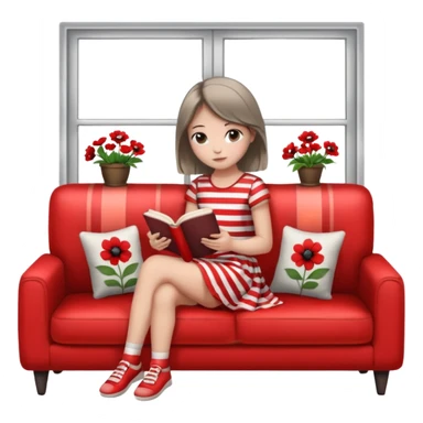 دختری با لباس قرمز راه راه و شلوارک طوسی با گل های سیاه که روی مبل زیر پنجره نشسته و در حال کتاب خواندنه sticker