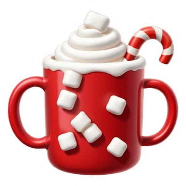 hot chocolete with marshmallows in red christmas mug and candy cane sticker