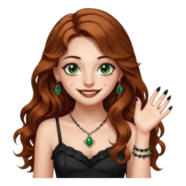 Girl with long wavy brown hair, dark green eyes with eyeliner, she has freckles and a cute nose, mini dress on with long black nails and she’s also wearing horror jewelry smiling sticker