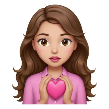 girl with long wavy brown hair, brown eyes, light to medium complexion, in a pink shirt, pink lips, long lashes, sexy , puckering, blushing, kissing a heart sexy sticker