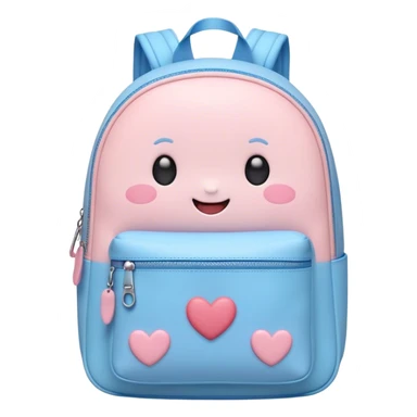 Cute Kawaii Backpack, round and chubby, soft pastel pink and blue, tiny heart-shaped zippers, blushing cheeks, a tiny smiling face, a happy school-time companion! sticker
