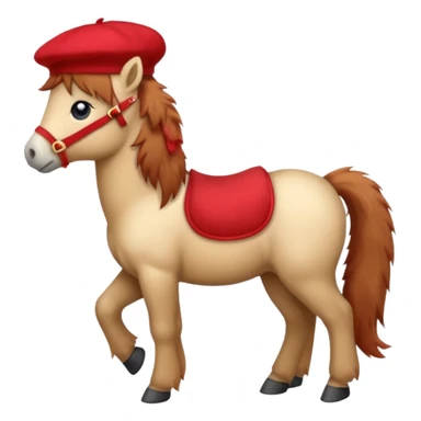 A cute pony (horse) emoji, full body, standing in side view, wearing a stylish red beret. sticker
