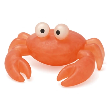 Make the crab a natural color (e.g., red or orange), more transparent and see-through, retro 90's toy style, derpy eyes, no tag, no background, soft plastic, soft reflections, soft and squishy, some cloudiness, not shiny, highly detailed, appealing. sticker