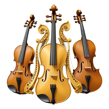 Create a sophisticated, festive, and professional emoji collage resembling a coat of arms, symbolizing string instruments. The design should feature several string instruments, such as a violin, cello, guitar, and harp, arranged in an elegant, balanced composition. Each instrument's neck (fingerboard) should intertwine with flowing musical notes, forming a ribbon-like structure that weaves through the instruments. The strings of the instruments should be emphasized, creating a dynamic and elegant effect. Use rich gold and silver accents to highlight the professional quality of the instruments, with deep wooden tones for the body of each instrument. Surround the instruments with a subtle border, resembling a heraldic crest, and add small decorative elements like laurel leaves or subtle flourishes. The background should be transparent to keep the design clean and polished. sticker
