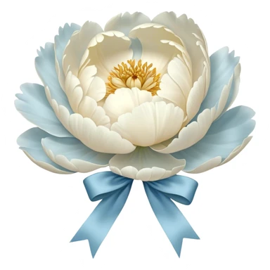A single oversized peony in the softest shade of ivory sits in the center of a pearl-white canvas, its velvety petals unfolding like a quiet whisper. Wrapped around its stem is a wide, silk bow in a misty blue hue, its fabric pooling slightly onto the surface. The background’s subtle texture reflects light in a way that enhances the depth of the petals, creating an ethereal, almost weightless atmosphere. sticker
