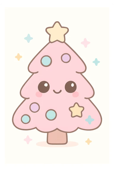 cute pink Christmas tree with ornaments, kawaii style sticker