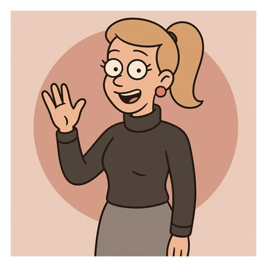 Women Medium Blonde median ponytail hair pink circle earrings Charcoal Athens Merino Wool Roll Neck Jumper Grace skirt a hand say hello sticker