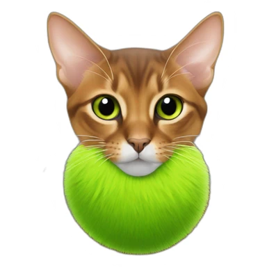 Abyssinian cat chews a green fur ball sticker