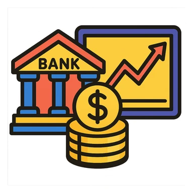 Add a cartoon bank building to the economy icon, keep the style consistent with lineal color icon with black outlines and transparent background. sticker